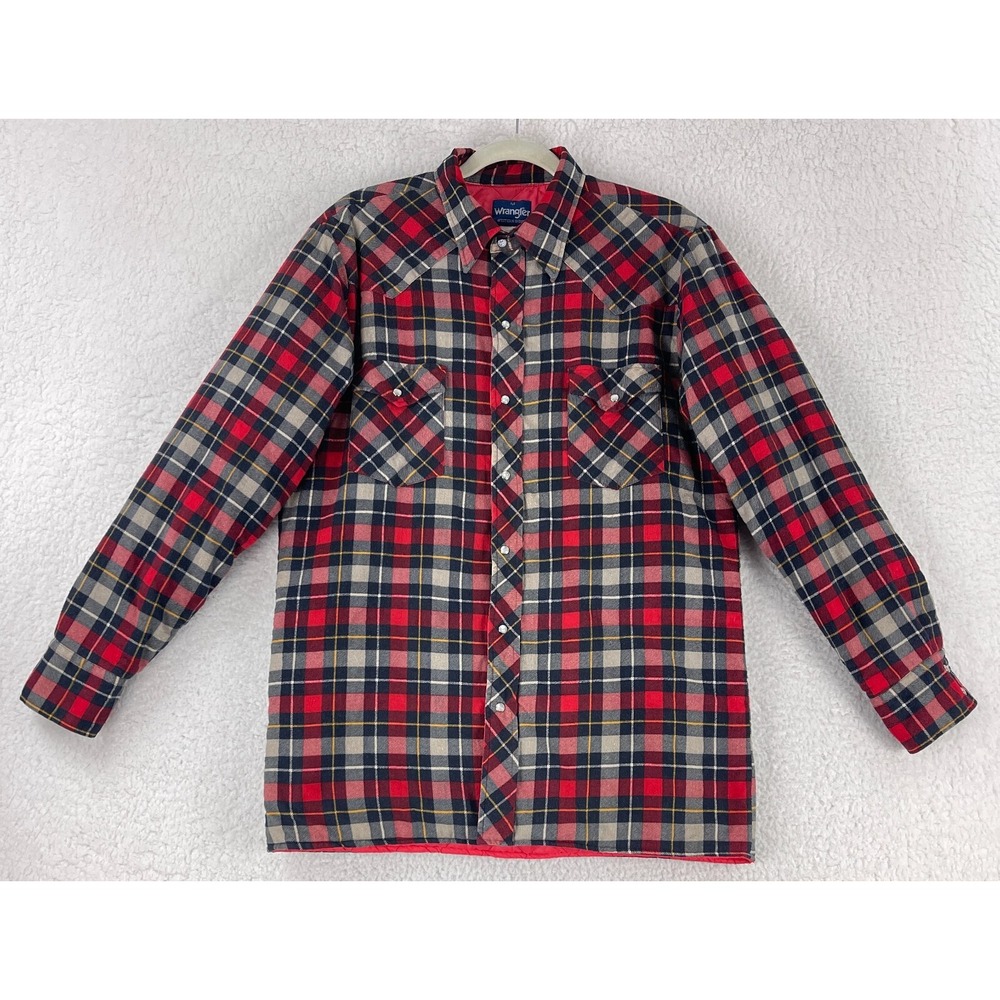 Wrangler Jacket Men Medium Red Plaid Quilted Snap Button Flannel VTG Long Sleeve